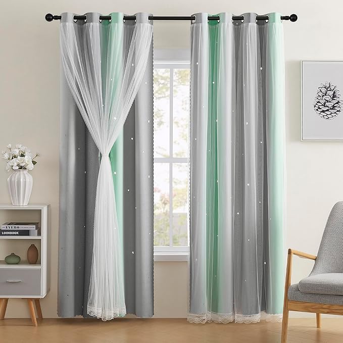 XiDi Rainbow Blackout Curtains for Kids Room, Unicorn Wall Decals, Pink, Green, Grey, 52/72/1