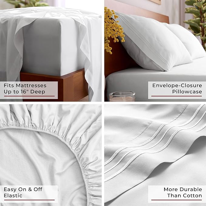Mellanni Twin Sheet Set - 4-Piece Iconic Collection Bedding, (Including 2 Pillowcases), 16-Inch Deep Pocket, Easy Care, Extra Soft, Cooling Sheets, Brushed Microfiber - White