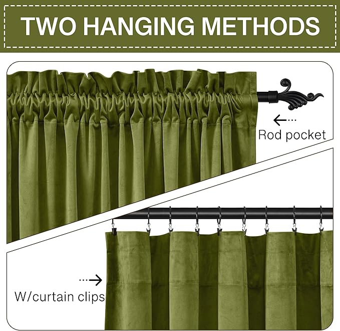 StangH Olive Green Velvet Curtains for Living Room Elegant Thermal Insulated Drapes for Home & Office, Heavy Soft Curtains with Noise Reduction, W52 x L105, 2 Panels