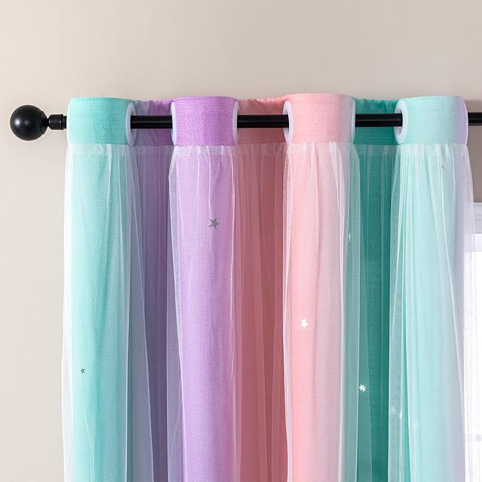 XiDi Curtains for Bedroom Decor, Rainbow Pink Purple Green 34/54/1