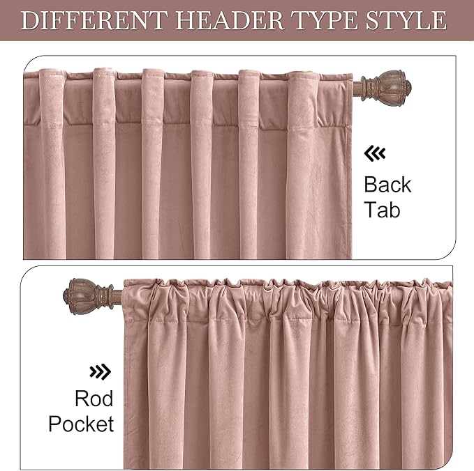 RYB HOME Back Tab Velvet Curtains, Thermal Insulated Privacy Protect Decorative Drapes for Living Room Home Theater, Dusty Pink, W 52 x L 108 inches, 2 Panels Set