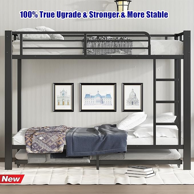 TSAMPA Latest Upgraded & Stronger Metal Bunk Bed Twin XL Over Twin XL Size, More Stable & Safer Steel Heavy Duty Bunkbed Frame with Twin Size Trundle