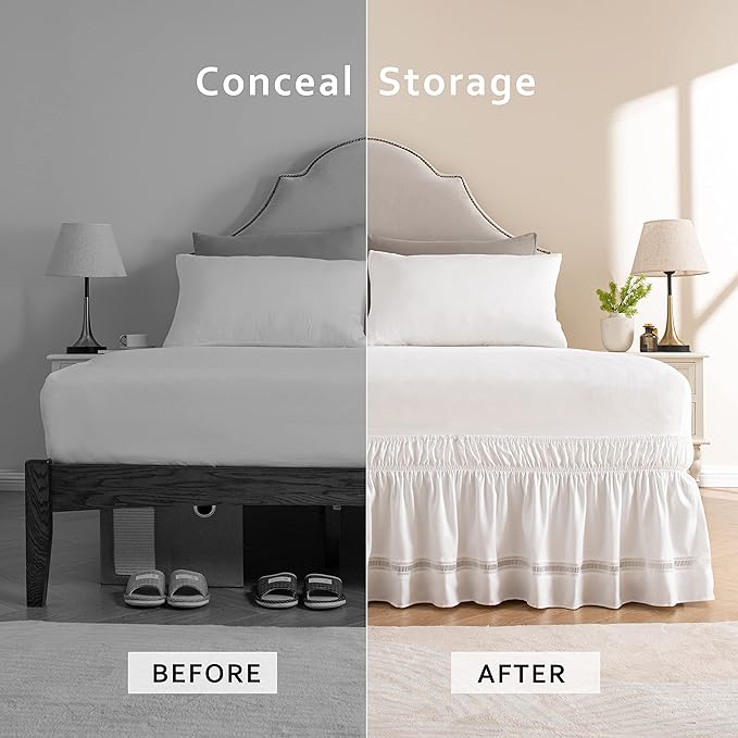 MIYE Wrap Around Ruffled Lace Bed Skirt, Elastic Dust Ruffle with Adjustable Belts,15 Inch Drop Easy to Put On, Bed Frame Cover, Machine Washable (Ruffled Lace, Full/Twin-15)