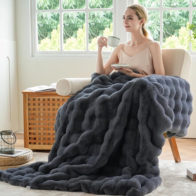 BENVWE Faux Fur Throw Blanket for Couch – Cozy Fuzzy Soft Plush Fluffy Thick Luxury Minky Bubble Blanket for Living Room Home Decor – Fathers Day Birthday Gifts for Women and Men, Grey, 51" x 63"