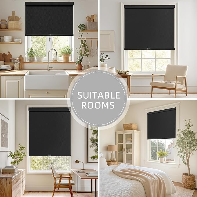 ChrisDowa Cordless Blackout Roller Shades for Windows, Striped Free-Stop Window Blinds with Privacy, Thermal Insulated Window Shades for Home, Office and Door. Black, 56" W x 72" H