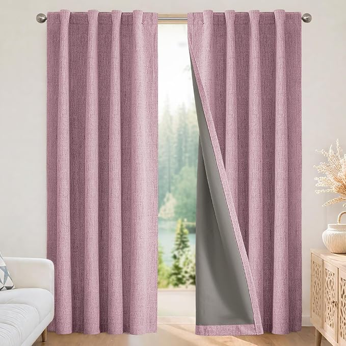 Joydeco Blackout Curtains for Bedroom - 63 Inch Long 100% Light Blocking 2 Panels Set Pink Drapes, Thermal Insulated Room Darkening Curtains, Linen Textured for Living Room, Rod Pocket & Back Tabs