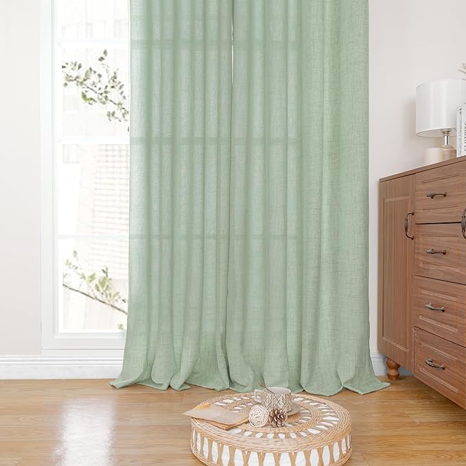 YoungsTex Sage Linen Curtains 63 Inch Length, Light Filtering Window Drapes with Bronze Grommet for Bedroom Short Window Rustic Country Spring Decorative, 42 x 63 Inch, 2 Panels