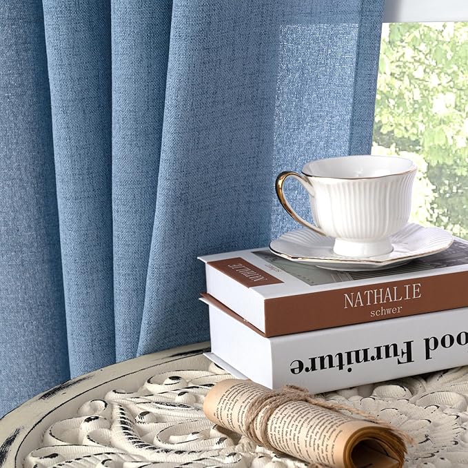 YoungsTex Denim Blue Linen Curtains 84 Inches Length for Living Room 2 Panels - Semi Sheer Light Filtering Window Treatments Drapes with Grommet Privacy for Bedroom Dining Room, 52 x 84 Inch