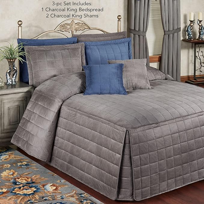 Touch of Class Camden Luxury Bedding | Neutral Charcoal Gray Color | Grande Fitted Bedspread | Faux Suede Box Quilted Design | Designed 3 Piece Set Includes King Bedspread and 2 King Shams