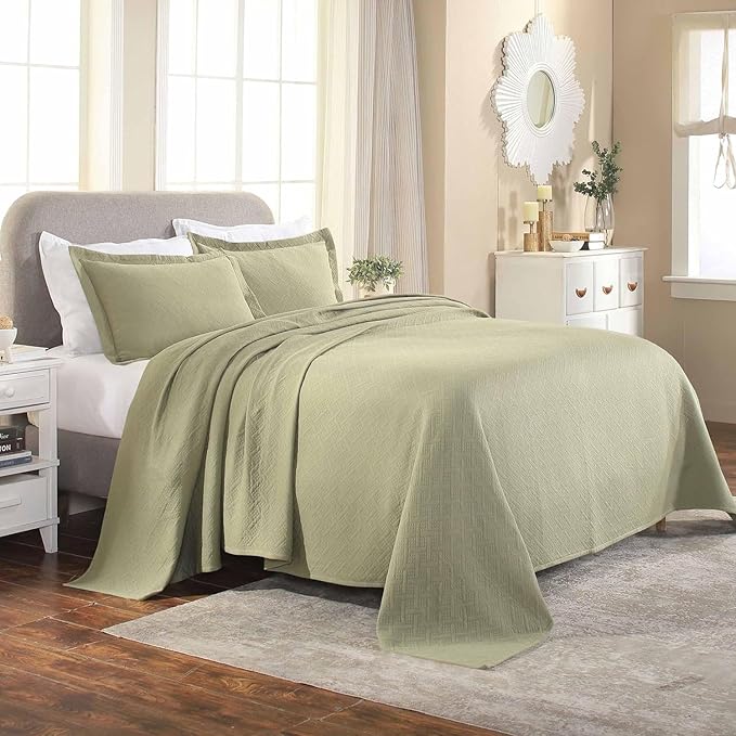 Superior 2 Piece Basketweave Cotton Bedspread Set, Home Bed Decor, Decorative Bed Spread, 1 Pillow Sham, Medium Weight Blanket, Matelasse Coverlet Bedding, Geometric Lattice Pattern, Twin, Sage