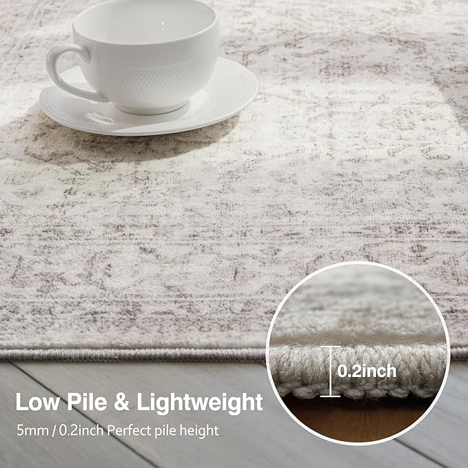 FMFUNCTEX 6ft Round Washable Area Rug Beige Vintage Neutral Distressed Non Slip Carpet for Living Room Bedroom Soft Low Pile Indoor Mat Retro Floral Throw Rug for Dining Room Office Nursery Entry
