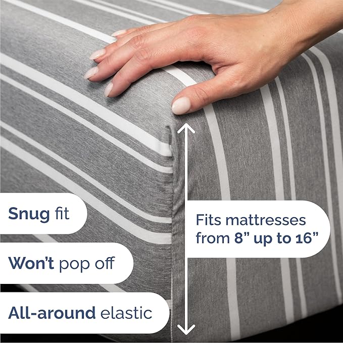 Queen 6 Piece Sheet Set - Cooling, Comfy & Breathable - Hotel Luxury Bedding, Includes Fitted Sheet for Women, Men, Kids & Teens - 1 Flat, 1 Fitted Sheet, 4 Pillowcases w/Deep Pockets - Grey Stripes
