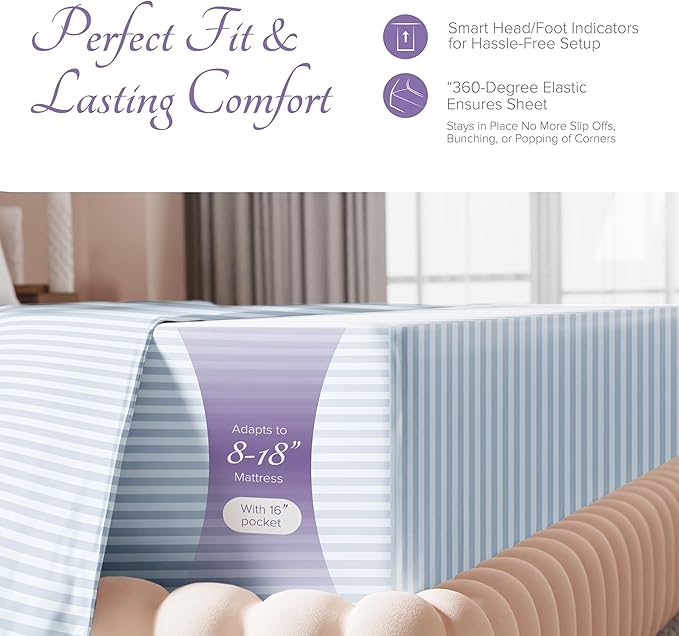 Carressa Linen Luxury Egyptian Cotton Queen Stripe Sheet Set, 600 Thread Count Extra Long Staple 4 PC Set, Queen Damask Sheets, Soft, Cooling Sateen Weave Sheets Upto 18" Deep Pocket - Light Blue