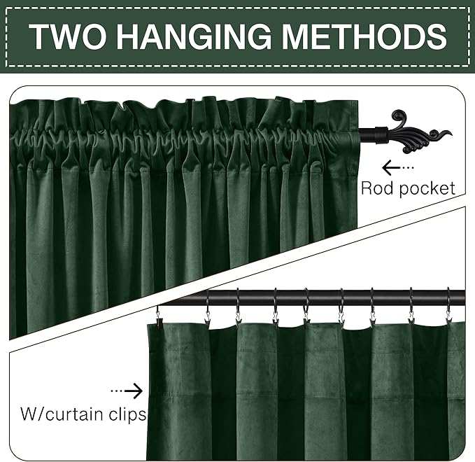 StangH Dark Green Velvet Curtains Christmas Luxury Blackout Window Panels for Bedroom Curtains Energy Efficient Thick Rod Pocket Curtain Drapes for Holiday Decor, W52 x L84, 2 Panels