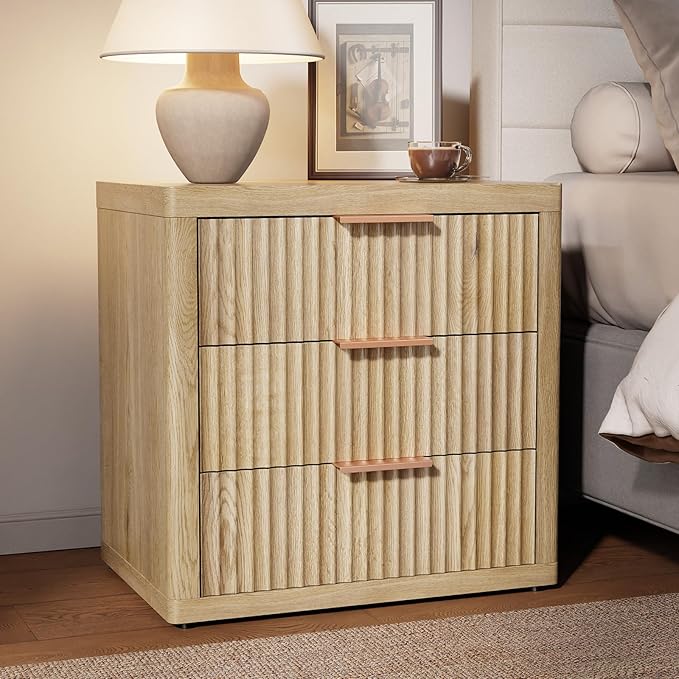 Night Stand with 3 Drawers, 23" Wide Modern Nightstand with Large Storage, Fluted Bed Side Table with Metal Handle, End Table Tall Nightstand for Bedroom, Living Room, Office, Nature