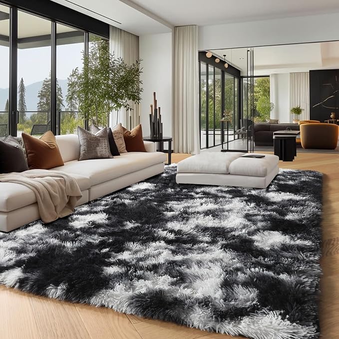 PAGISOFE Black White Grey Area Rugs for Living Room Bedroom Aesthetic, 8x10 Rug, Shag Fuzzy Fluffy Rug for Kids Room, Playroom, Classroom Dorm, Shaggy Soft Carpet, Plush Bedside Rugs, Modern Cool Rugs