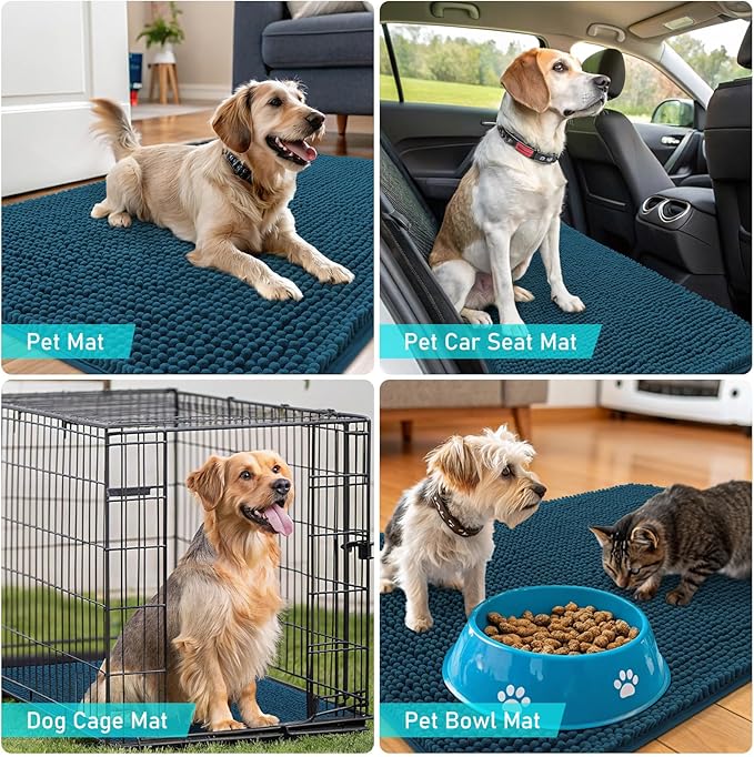 OLANLY Dog Door Mat for Muddy Paws 35x24, Absorbs Moisture and Dirt, Absorbent Non-Slip Washable Doormat, Quick Dry Chenille Mud Mat, Entry Indoor Entryway Carpet for Inside Floor, Atlantic Blue