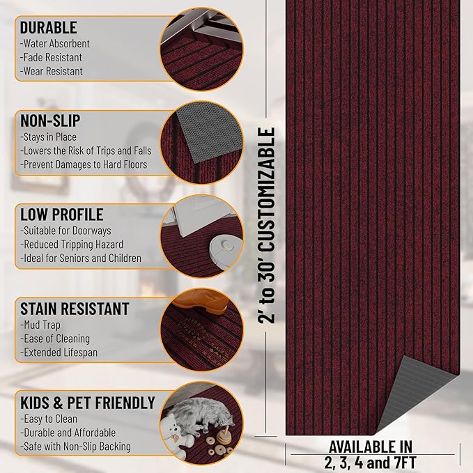 Ottomanson 2' x 11' Hallway Runner with Scraper Pile - Extra Durable Non-Slip Rug Mat for Indoor & Outdoor Use - Ideal for Kitchen, Entryway, Patio & Garage - High-Traffic Carpet, Red