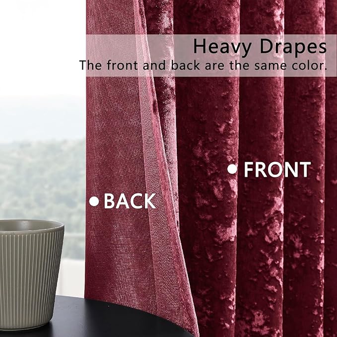 SMILETIME Burgundy Red Crushed Velvet Curtains 52x84 inch Luxurious Thermal Insulated Soundproof Drapes for Living Room Bedroom Office Soft and Durable Light-Filtering Window Treatments, 2 Panels