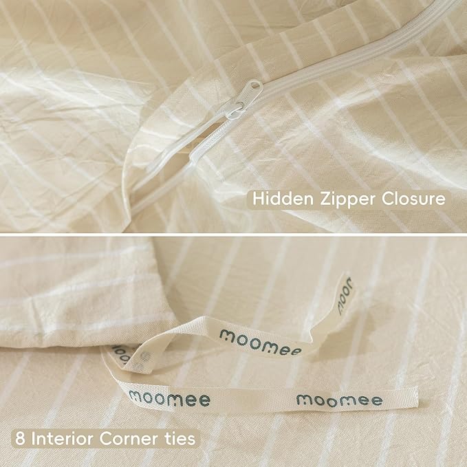 MooMee Striped Duvet Cover Set 100% Washed Cotton Linen Like Textured Breathable Durable Soft Comfy (Almond Milk Grey White Wide Stripes, Cal King 104"x98")