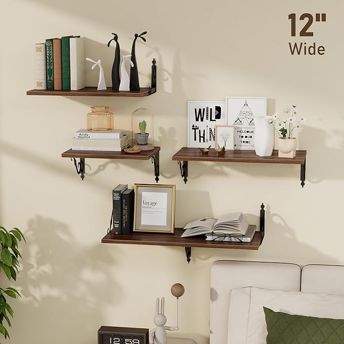 Dreamland Deep Floating Shelves, 55" W x 12" D Wall Shelves Set of 2, Wide Display Shelf Wall Mounted with Brackets, Bookshelf for Living Room, Bathroom, Bedroom, Walnut