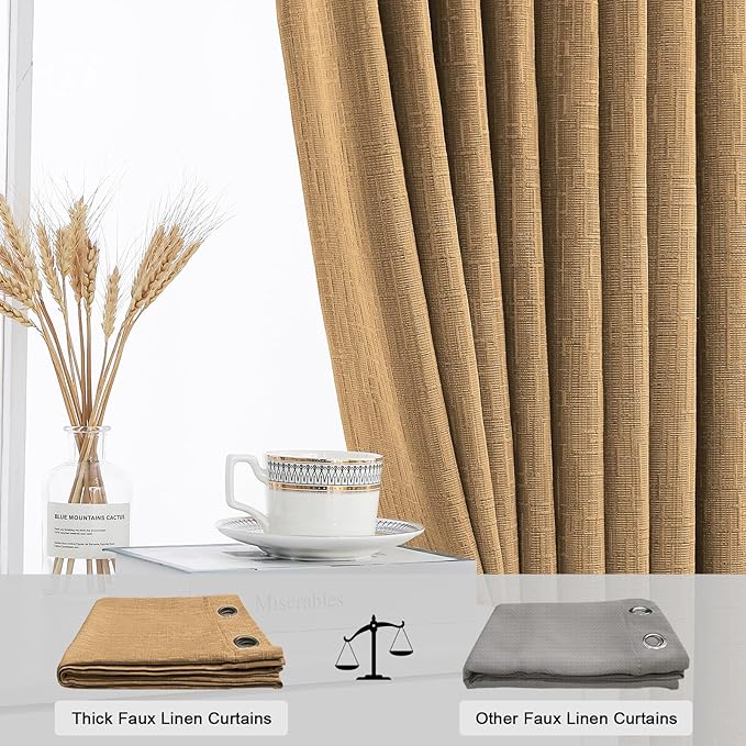 Jacquard Linen Curtains 96 inch Length 2 Panels Thick Faux Linen Blended Window Drapes Burlap Textured Curtains with Grommet for Living Room Bedroom Farmhouse (52x96 Light Coffee) Natural