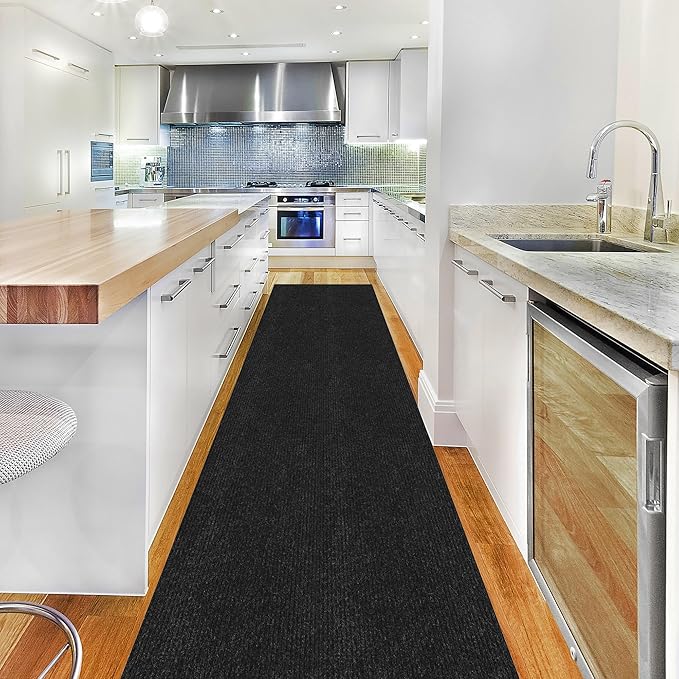 Ottomanson 2' x 15' Hallway Runner with Scraper Pile Extra Durable Non-Slip Rug Mat for Indoor & Outdoor Use - Ideal for Kitchen, Entryway, Patio & Garage - High-Traffic Carpet, Black