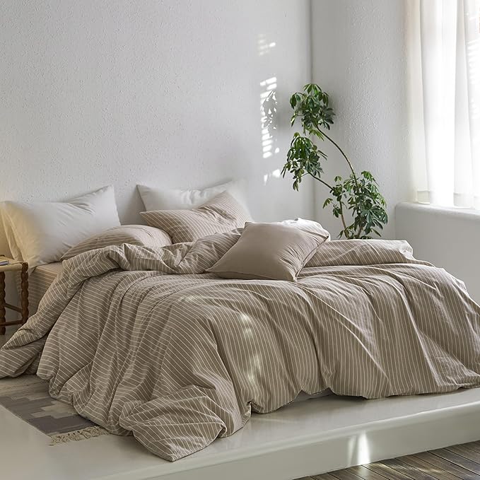 MooMee Striped Duvet Cover Set 100% Washed Cotton Linen Like Textured Breathable Durable Soft Comfy (Tannish Linen Grey White Wide Stripes, Full 80"x90")