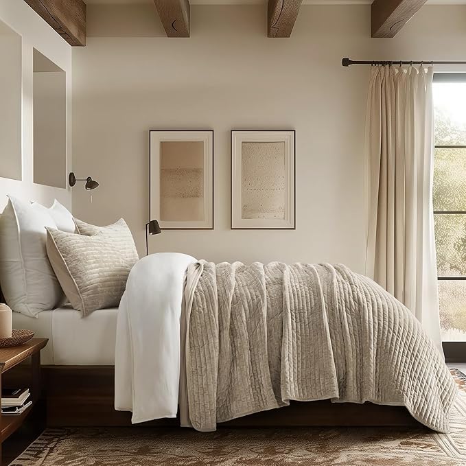 EVERGRACE Velvet Quilt Set King Size, Luxurious Soft Striped Channel Bedding Set, Lightweight Velvet Comforter for All Season, Oversized Bedspread Coverlet with 2 Matching Shams, Beige Taupe
