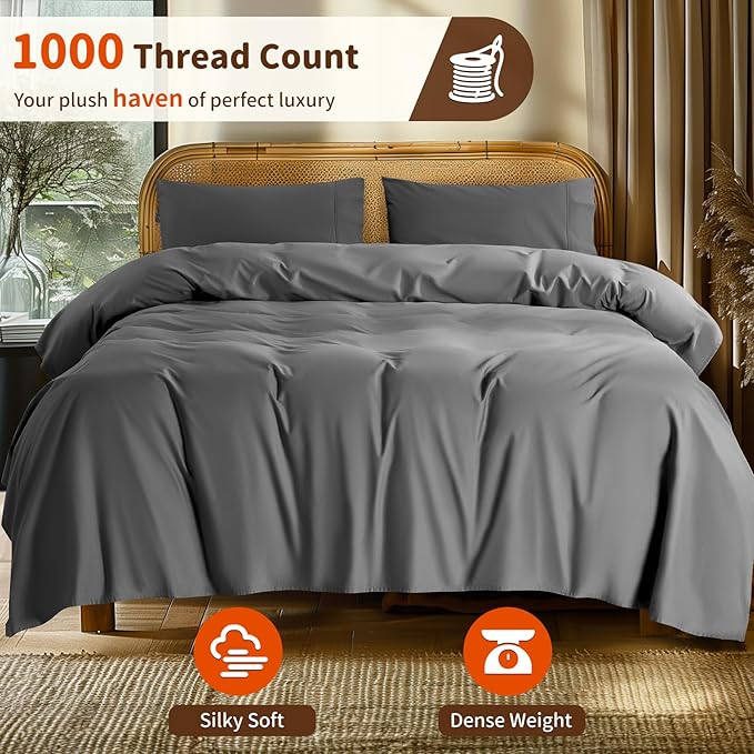LBRO2M 100% Cotton Sheets Set Deep Pocket 24", 1000 Thread Count Full Size 4 Piece Bed Sheet Sets Soft Comfortable Bedding All Season (Full, Dark Gray)