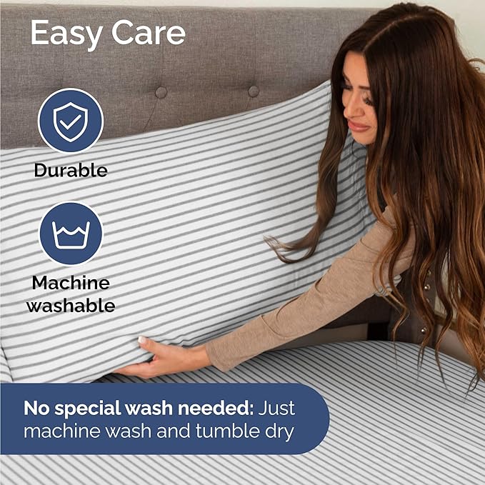 Twin 4 Piece Sheet Set - Cooling, Comfy & Breathable - Hotel Luxury Bedding, Includes Fitted Sheet for Women, Men, Kids & Teens - 1 Flat, 1 Fitted Sheet, 2 Pillowcases w/Deep Pockets - Grey Stripes