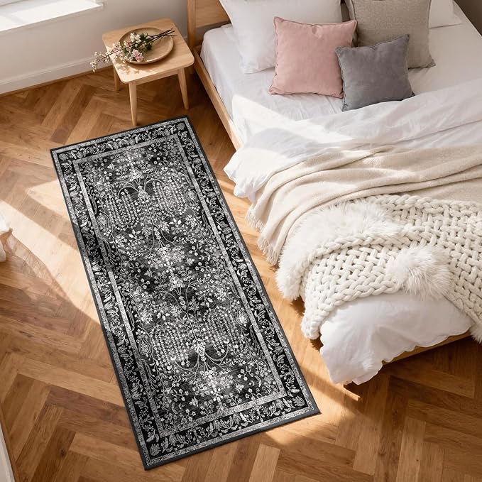 3x12 Long Hallway Runner Rug: Kitchen Rugs Non Slip Washable Low Pile Vintage Floral Runner with Rubber Backing Indoor Stain Resistant Carpet Runner for Bedroom Dining Living Room Black White