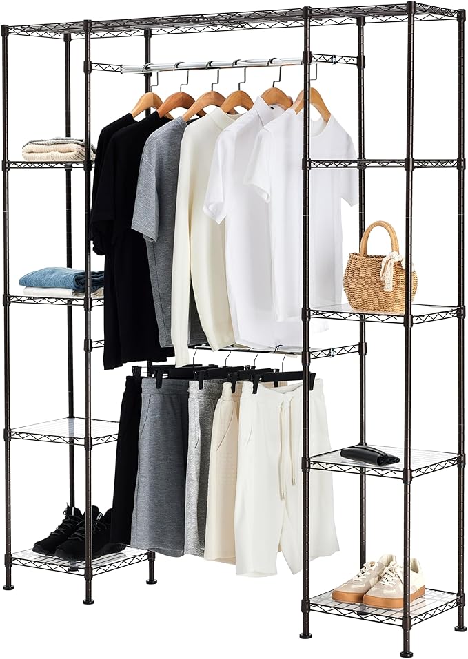 Amazon Basics Expandable Metal Hanging Closet Organizer and Storage Rack Wardrobe with Shelves, 57-80''L x 14''W x 72''H, Bronze