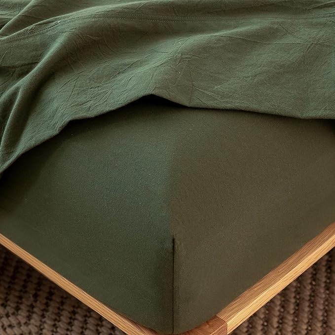 MooMee Fitted Bottom Sheet Only 100% Washed Cotton Linen Like Textured Breathable Durable Soft Comfy Deep Pocket Fits Mattress up to 17" (Olive Green, Twin)