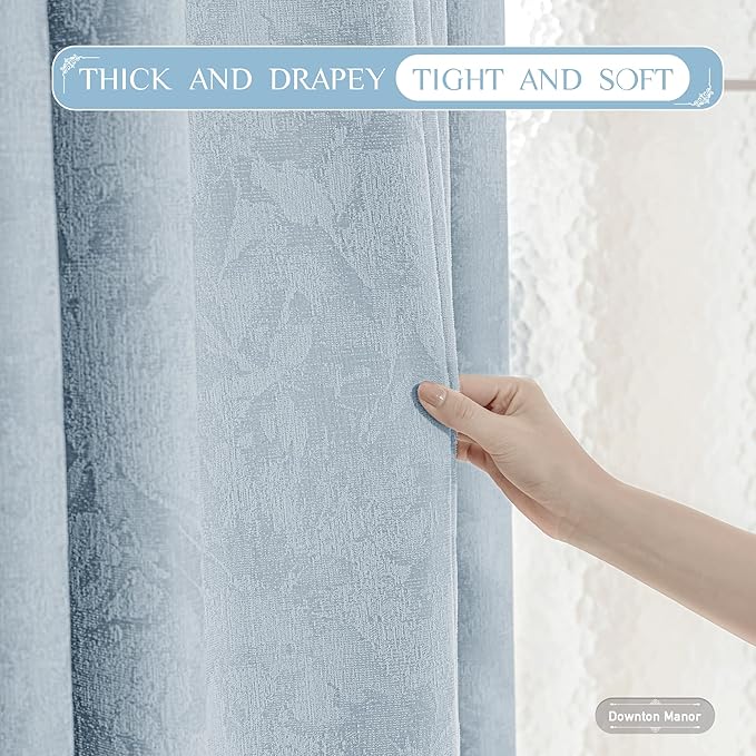 Beauoop Blue Floral Jacquard Blackout Curtains 96 Inches Long 2 Panels for Bedroom Living Room Chenille Flower Room Darkening Thermal Insulated Soundproof Grommet Window Treatments Drapes, 52x96
