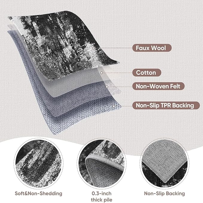 Machine Washable Runner Rug 2x6: Non Slip Hallway Rug Low Pile Kitchen Runner Soft Abstract Rug with Rubber Backing for Entryway Bedroom Bathroom Farmhouse Laundry Living Room Black White 2x6