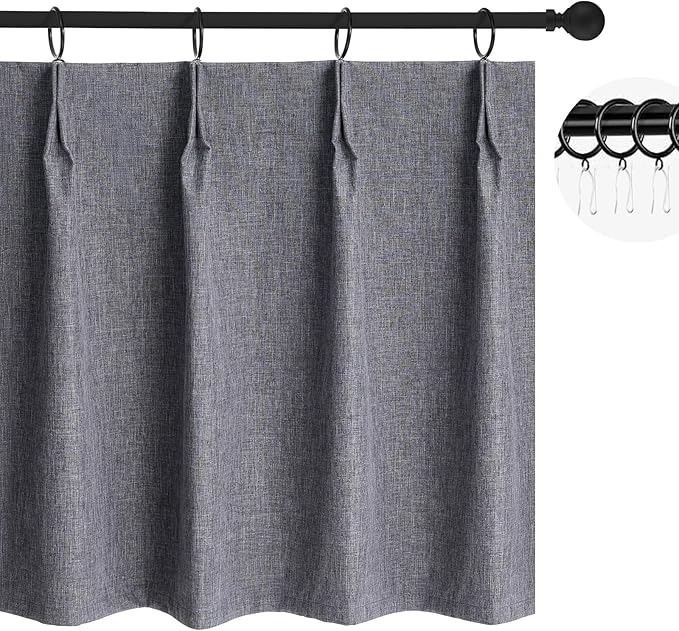 WdFour 30x30 Inch Pinch Pleated Blackout Cafe Curtains - Pack of 2, 100% Light Blocking Back Tab Drapes for Half Windows, Kitchen & Bathroom Short Curtains in Dark Gray