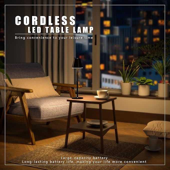 LED CordlessTable Lamp,4000mAh Rechargeable Battery Desk lamp,3 Level Brightness Beside Night Light, Minimalist Design, for Couple Dinner/Coffee Table/Restaurant/Bedroom(Black 4pack)