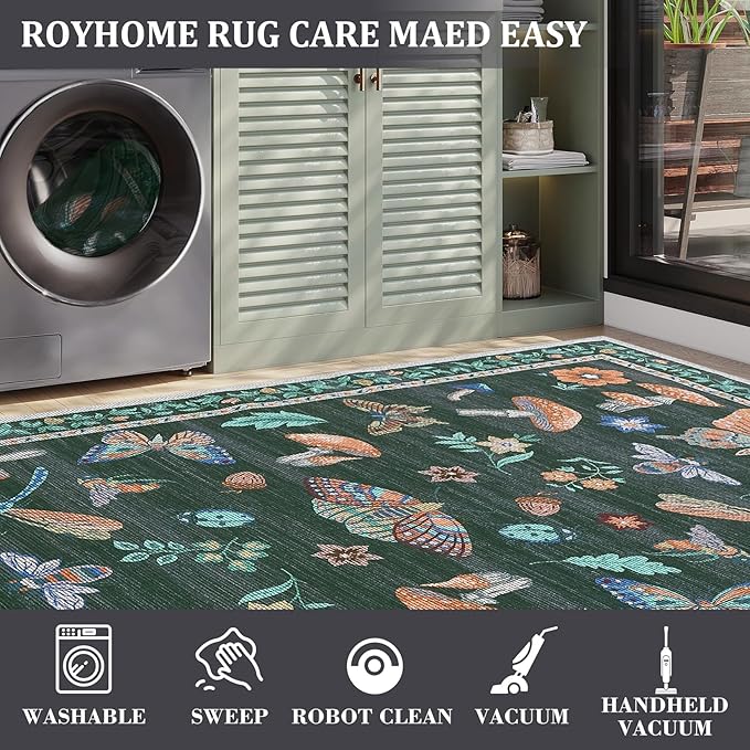 Mushroom Insect 4ft Round Rug Washable Non-Slip Soft Ultra-Thin Small Boho Circle Carpet for Entryway Kitchen Bedroom Nursery Dining Room Black