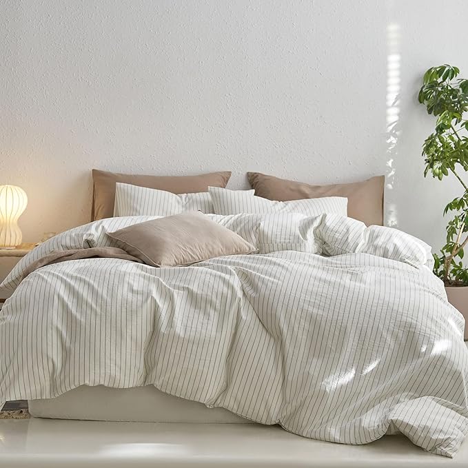 MooMee Striped Duvet Cover Set 100% Washed Cotton Linen Like Textured Breathable Durable Soft Comfy (White Sage Green Wide Stripes, Super King Plus 120"x120")