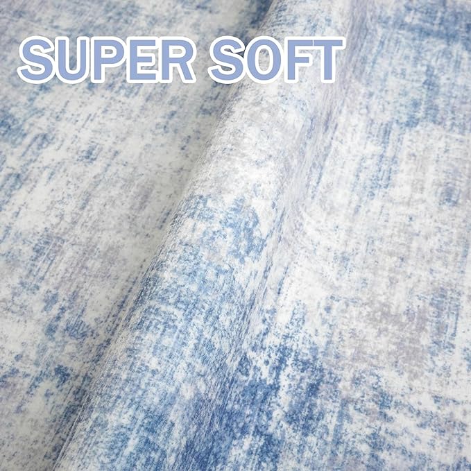 IOHOUZE Abstract Runner Rug 3x14 Ft Washable Runners for Hallways, Non Slip Kitchen Runner Printed Faux Wool Entryway Runner Indoor, Modern Abstract Floor Carpet for Hall Stair, Light Blue White