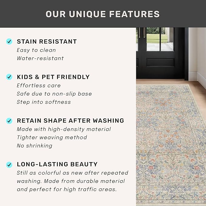 Boho Beige Blue Living Room Rug 6x8 - Vintage Retro Floral Paste Neutral, Washable Low Pile Non-Slip Large Area Rugs for Dining Under Table, Bedroom