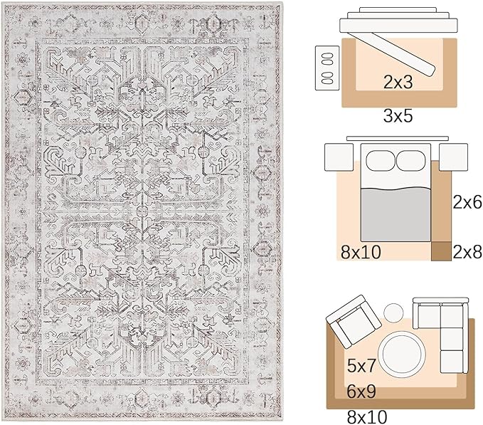 jinchan Lima Machine Washable Area Rugs 4x6 - Vintage Floral Stain Resistant Low Pile Ultra-Thin Non Slip Accent Rug for Bedroom Living Room Kitchen Dining Room Entryway (4x6ft, Taupe)