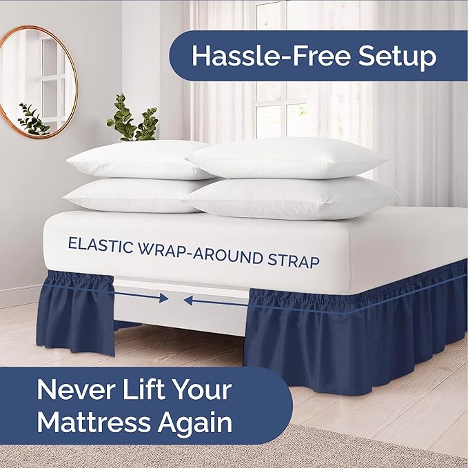 Wrap Around Dust Ruffle Bed Skirt - Navy Blue - for Queen Size Beds with 24 Inch Drop - Elastic Strap - Adjustable Pleated Bedskirt with Brushed Fabric and Wrinkle Free - for Women, Men, Kids & Teens