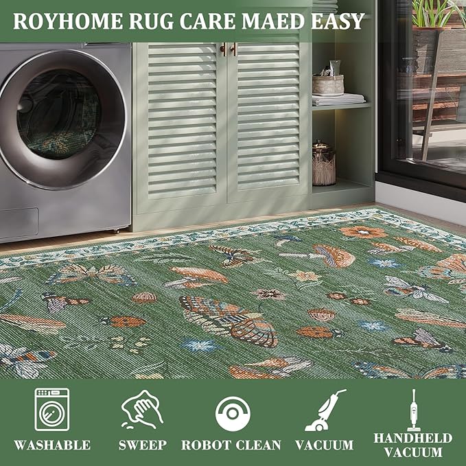 Mushroom Insect 3ft Round Rug Washable Non-Slip Soft Ultra-Thin Small Boho Circle Carpet for Entryway Kitchen Bedroom Nursery Dining Room Green