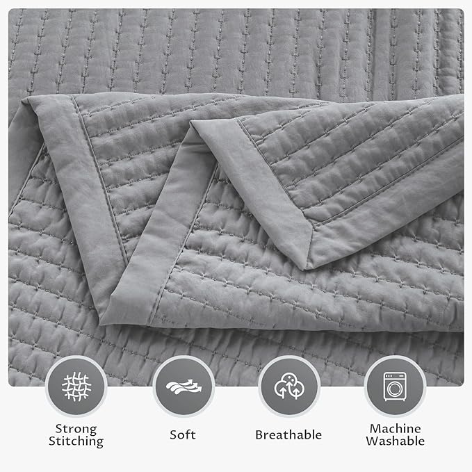 KASENTEX Queen XL Quilt Set 98"x98" – Soft Washed 3-Layer Lightweight Bedspread, Minimalist Nordic Design, All-Season Spring & Summer Quilt Set (1 Quilt + 2 Pillow Shams), Solid Grey