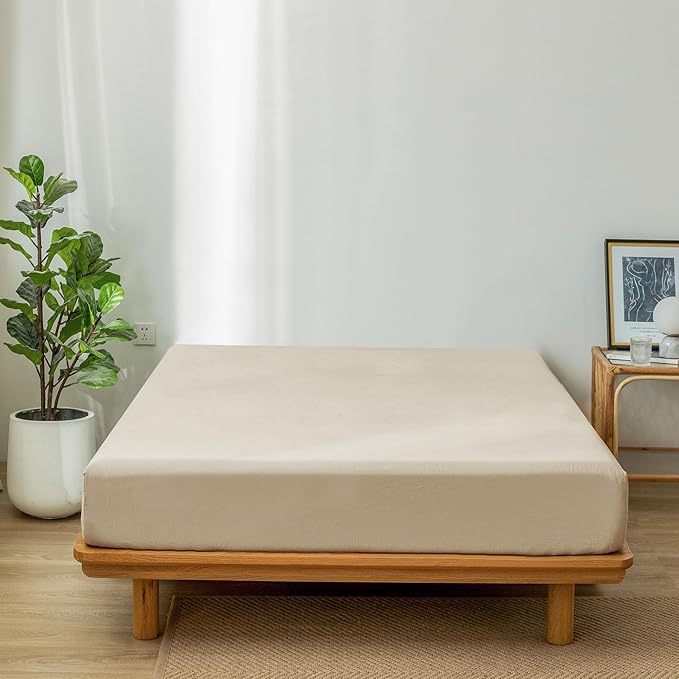 MooMee Fitted Bottom Sheet Only 100% Washed Cotton Linen Like Textured Breathable Durable Soft Comfy Deep Pocket Fits Mattress up to 17" (Almond Milk Grey, California King)