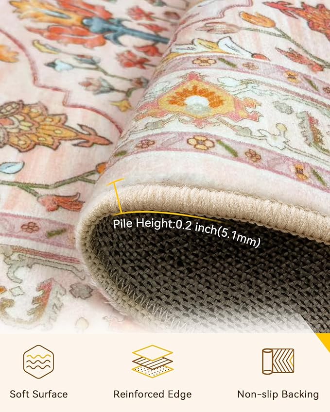 Area Rugs 9'x12' Washable Non-Slip, Floral Vintage Distress Print Pattern Medallion Carpet for Living Room Bedroom Dining Room, Light Pink Colorful