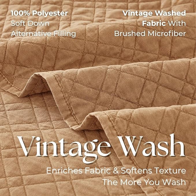 DOWN HOME Twin Quilt Set with Sham Lightweight Quilted Bedspread Coverlet Thin Comforter Bed Cover Vintage Washed Quilted Blanket for All Season, Brushed Microfiber Diamond Stitching, Brown, 66"x92"