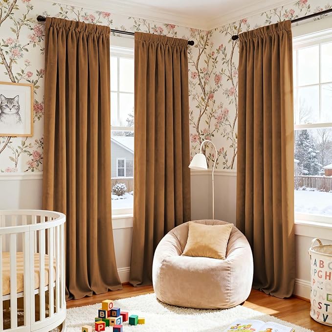 Lazzzy Velvet Blackout Curtains Thermal Insulated Room Window Drapes Super Soft Luxury Curtains for Living Room Bedroom Rod Pocket 2 Panels, Gold Brown, 62" W x 108" L